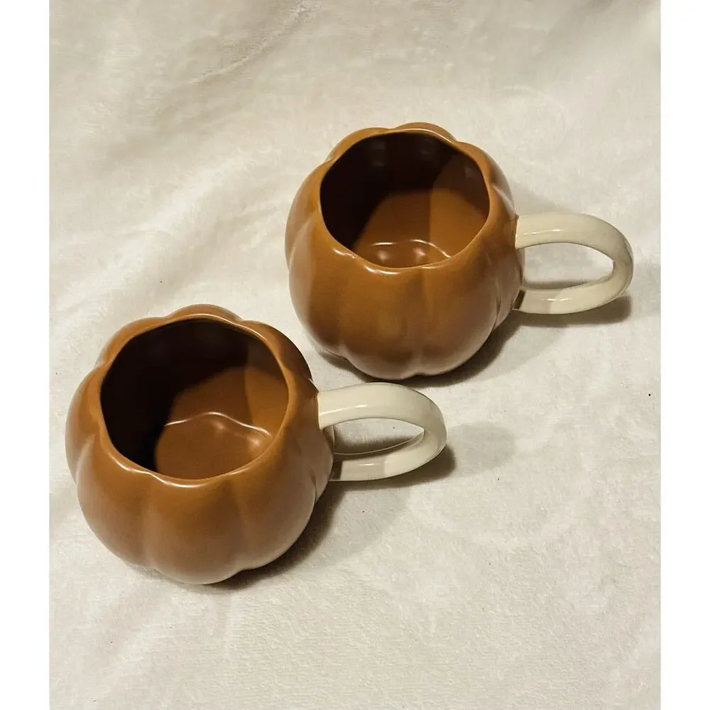 West Elm Stoneware Pumpkin Mug Set; Terracotta Cream Handles Fall Festive